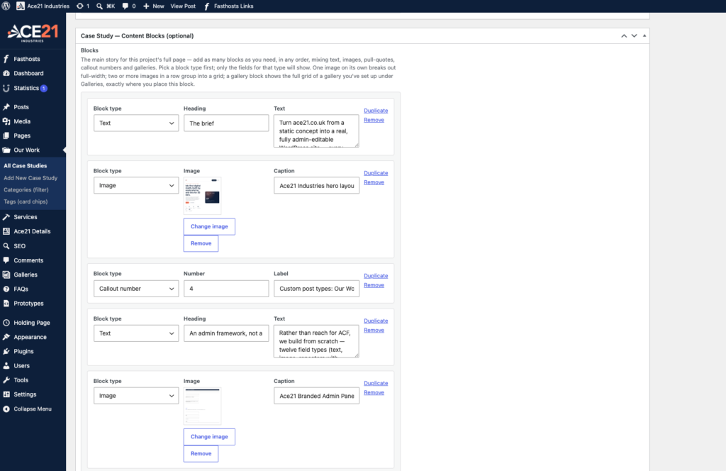 Ace21 Branded Admin Panel Showing Custom Meta Fields