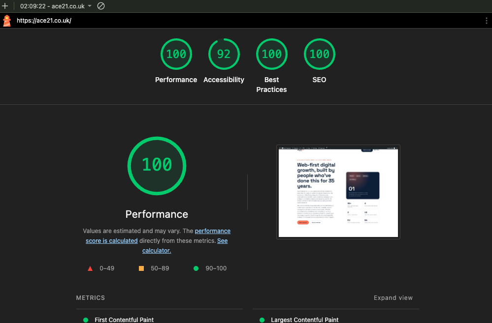 Google Lighthouse report 29/08/26